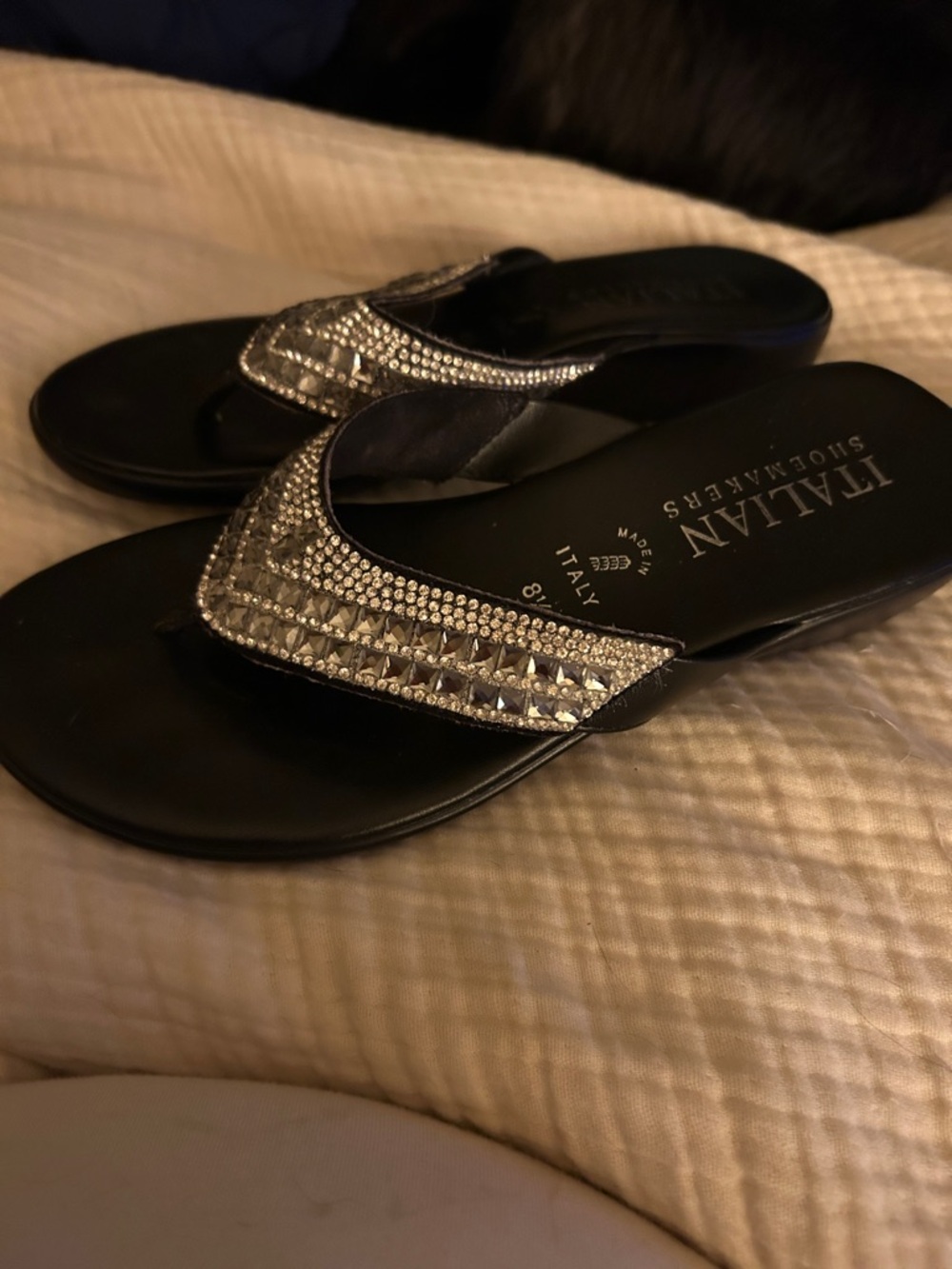 Italian Shoemakers Black Sandals with Silver Crystal Accents